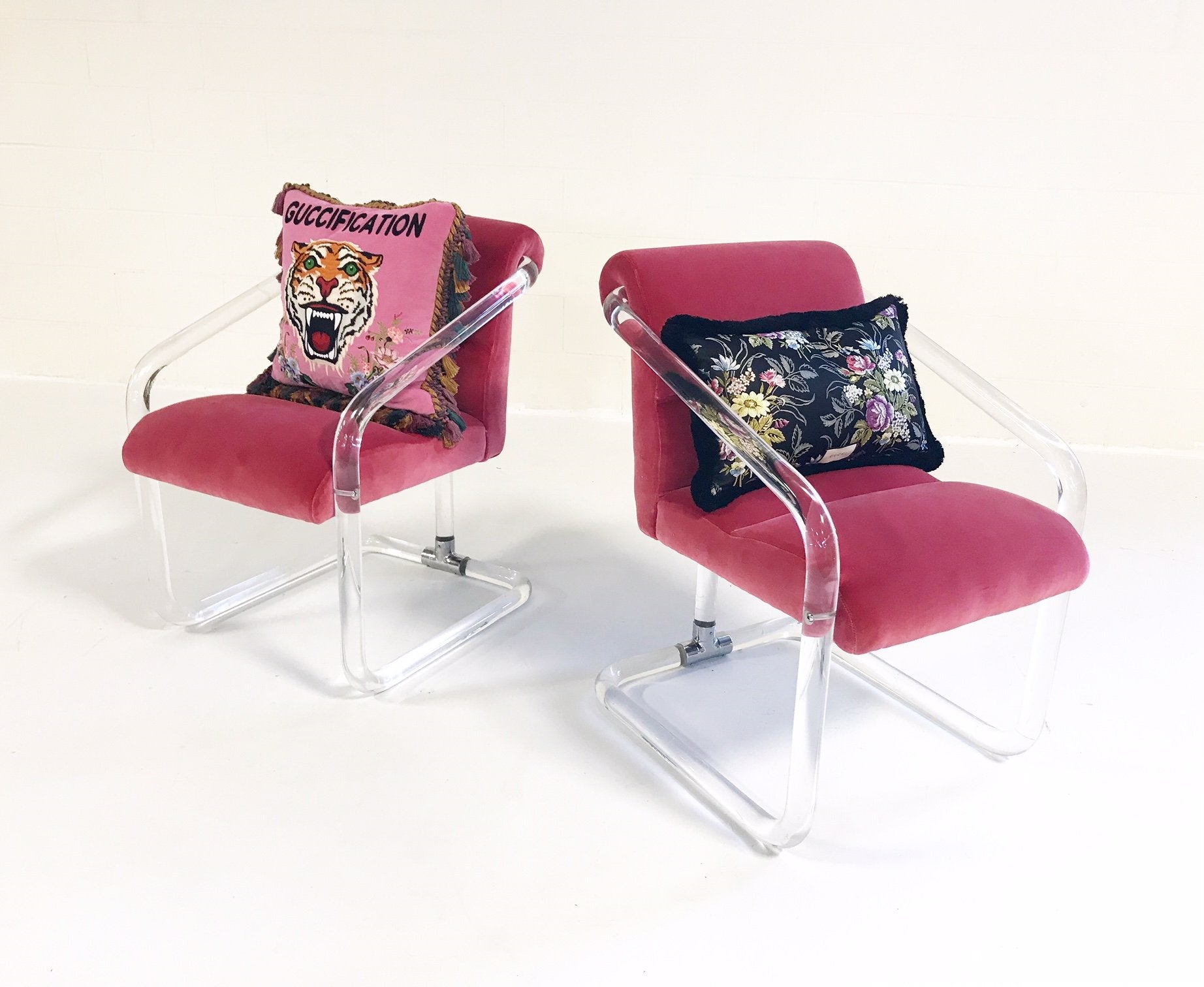 Lion in Frost Lucite Chairs in Loro Piana Pink Velvet with Gucci Pillows