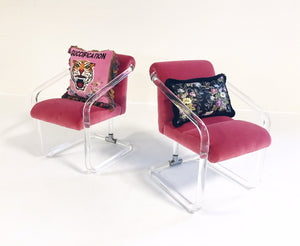 Lion in Frost Lucite Chairs in Loro Piana Pink Velvet with Gucci Pillows