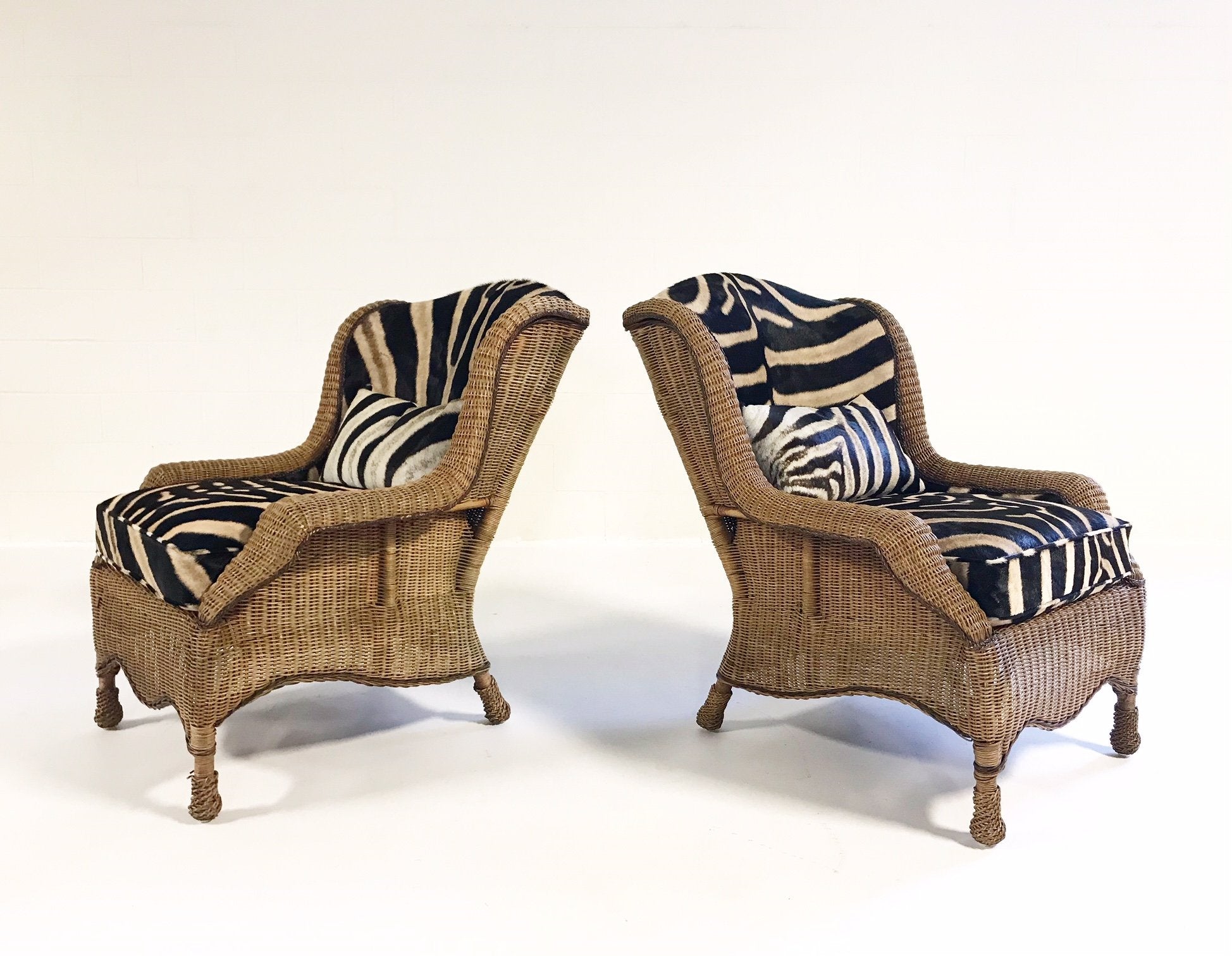 Ralph Lauren Wicker Wingback Chairs in Zebra Hide