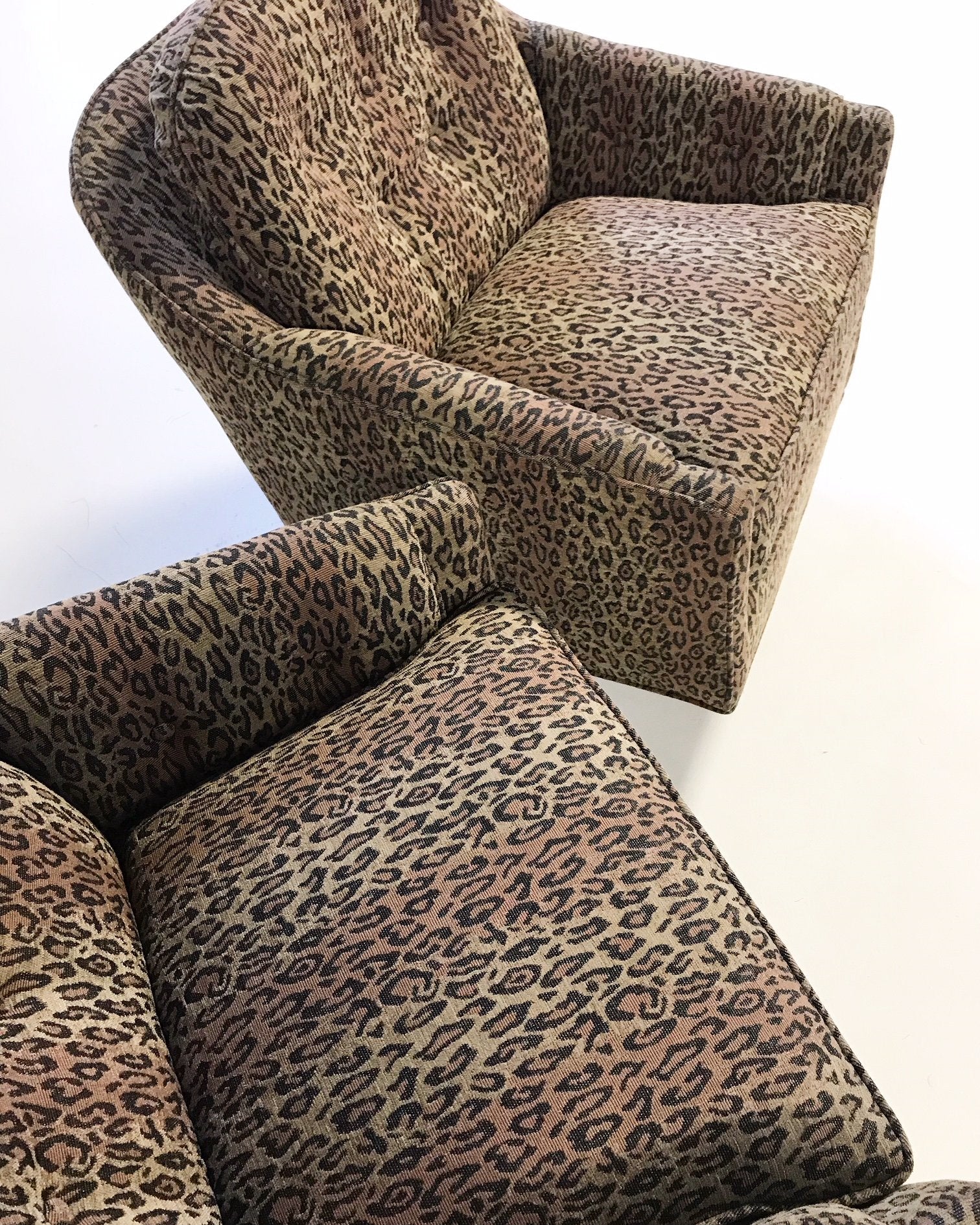 Milo Baughman Swivel and Tilt Lounge Chairs in Kravet Leopard Print Fabric