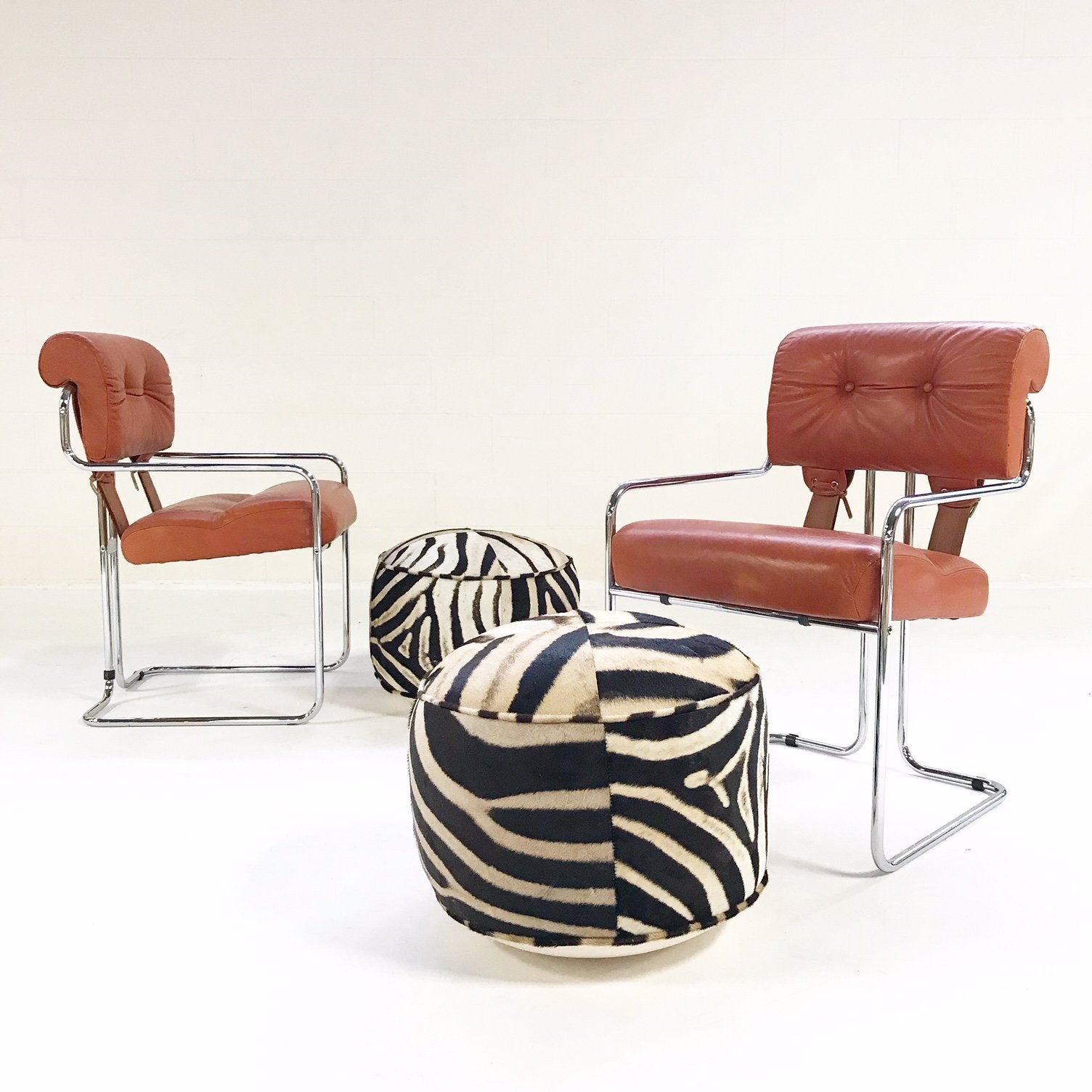 Pair of Italian Leather Tucroma Chairs by Mariani for Pace Collection with Zebra Hide Pouf Ottomans