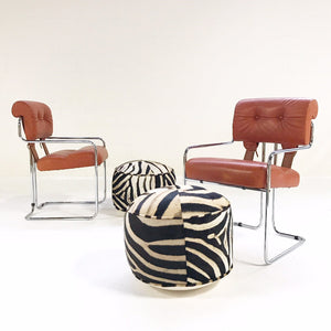 Pair of Italian Leather Tucroma Chairs by Mariani for Pace Collection with Zebra Hide Pouf Ottomans