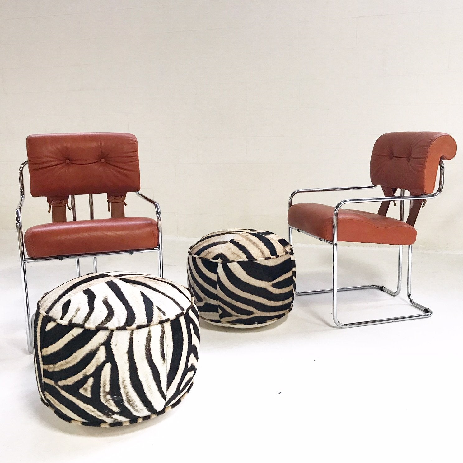 Pair of Italian Leather Tucroma Chairs by Mariani for Pace Collection with Zebra Hide Pouf Ottomans