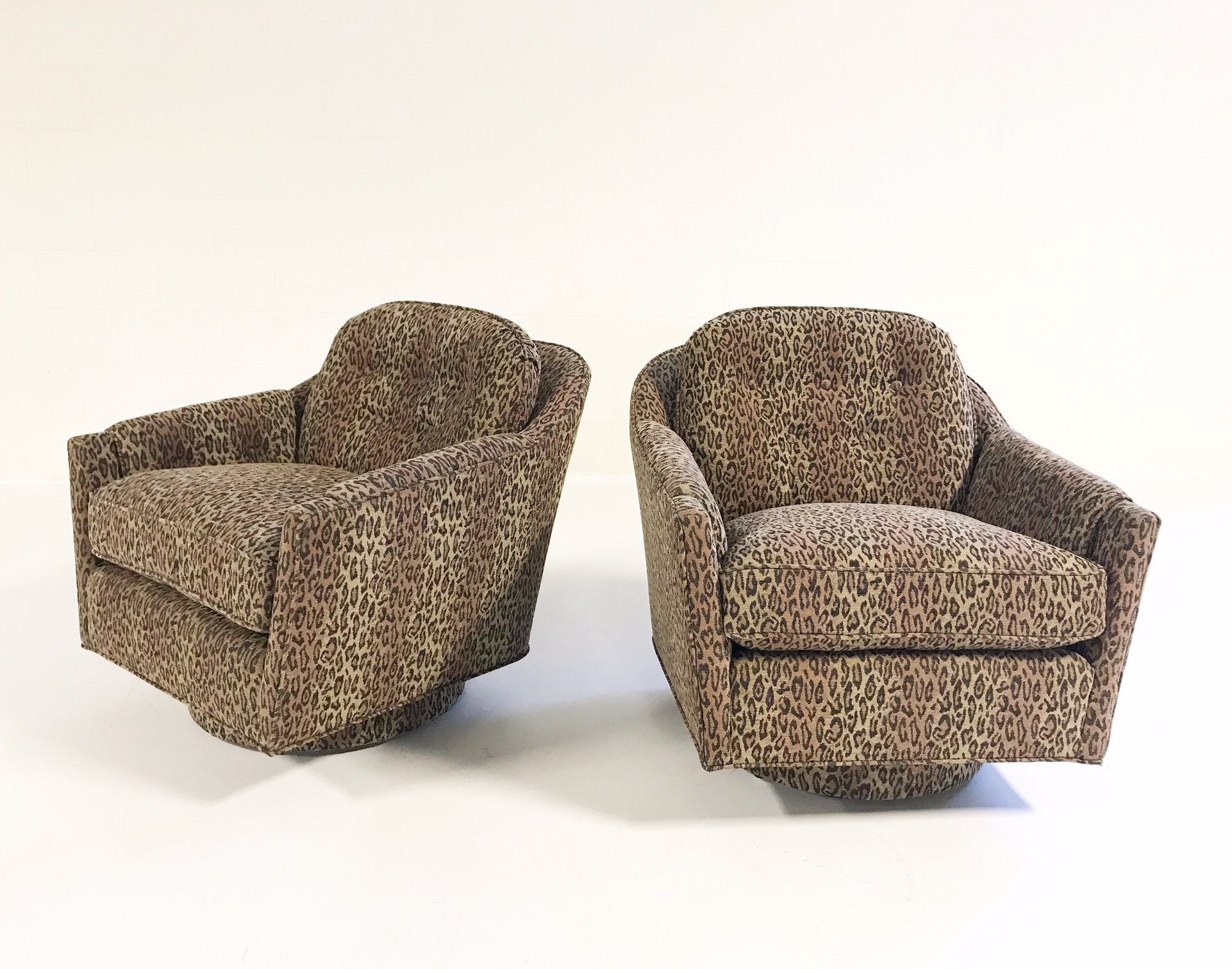 Milo Baughman Swivel and Tilt Lounge Chairs in Kravet Leopard Print Fabric