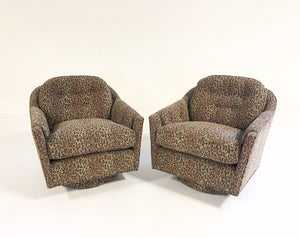 Milo Baughman Swivel and Tilt Lounge Chairs in Kravet Leopard Print Fabric