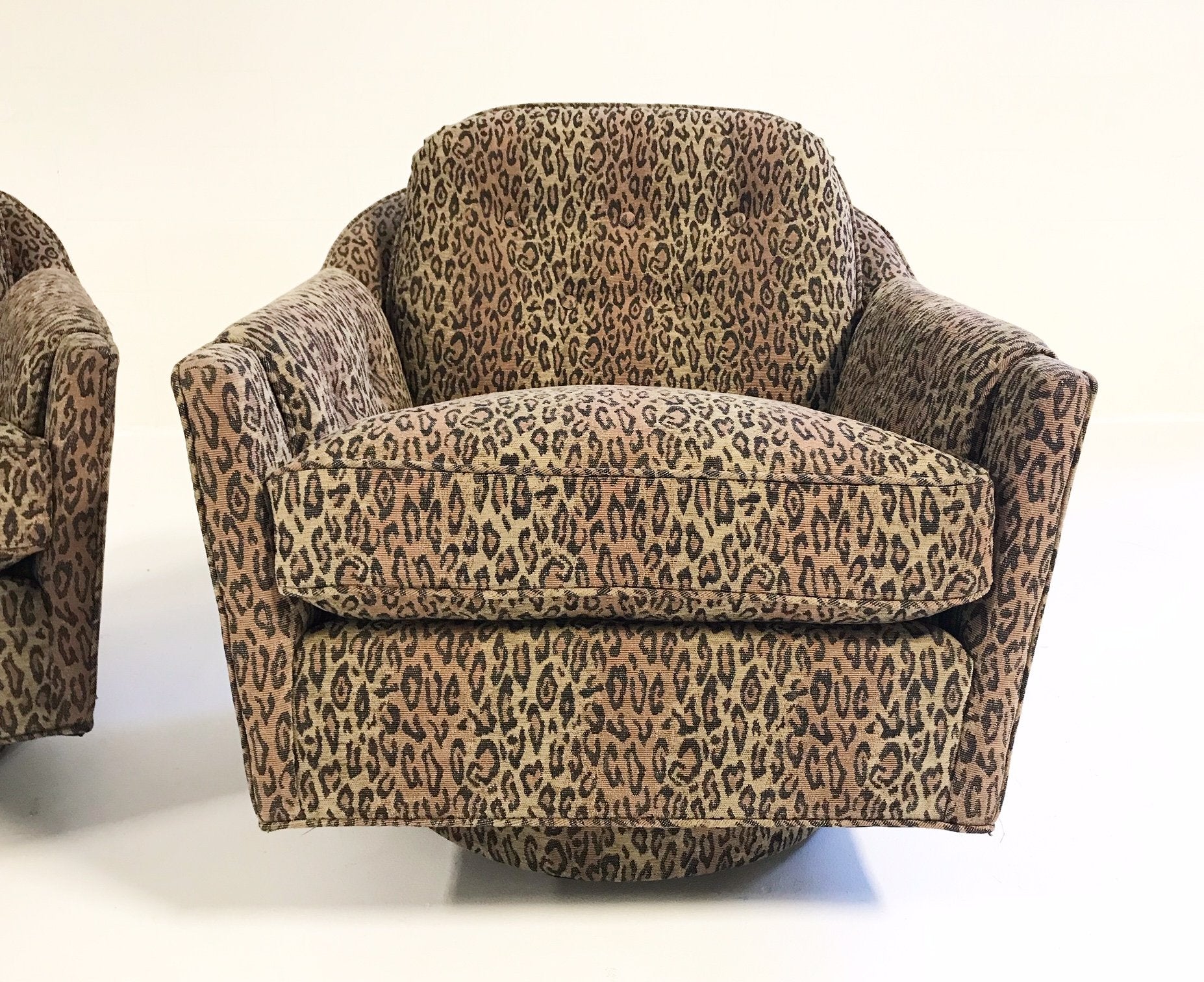 Milo Baughman Swivel and Tilt Lounge Chairs in Kravet Leopard Print Fabric