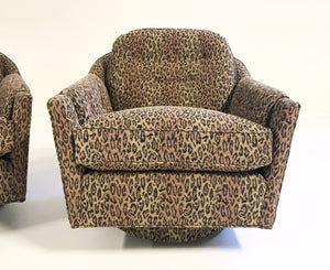 Milo Baughman Swivel and Tilt Lounge Chairs in Kravet Leopard Print Fabric