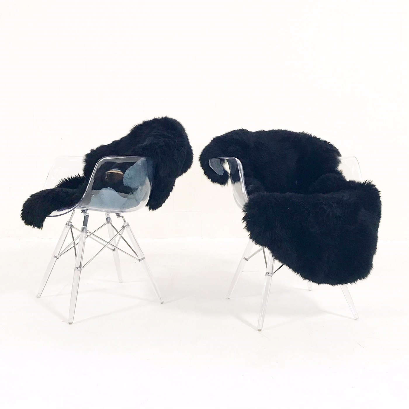 Mid-Century Style Lucite Chairs with Black Brazilian Sheepskin Throws
