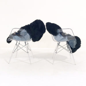 Mid-Century Style Lucite Chairs with Black Brazilian Sheepskin Throws