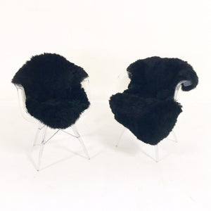Mid-Century Style Lucite Chairs with Black Brazilian Sheepskin Throws