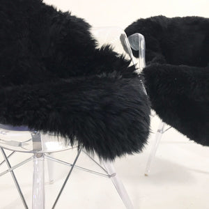 Mid-Century Style Lucite Chairs with Black Brazilian Sheepskin Throws