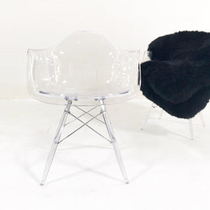 Mid-Century Style Lucite Chairs with Black Brazilian Sheepskin Throws