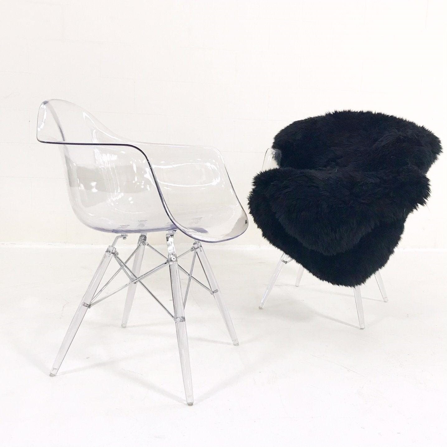 Mid-Century Style Lucite Chairs with Black Brazilian Sheepskin Throws