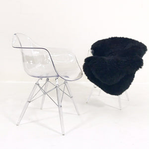 Mid-Century Style Lucite Chairs with Black Brazilian Sheepskin Throws