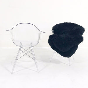 Mid-Century Style Lucite Chairs with Black Brazilian Sheepskin Throws