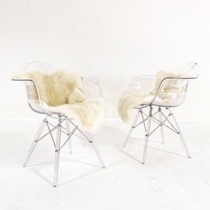 Mid-Century Style Lucite Chairs with Ivory Brazilian Sheepskin Throws