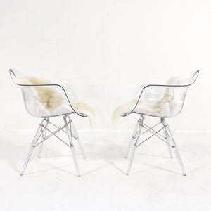Mid-Century Style Lucite Chairs with Ivory Brazilian Sheepskin Throws