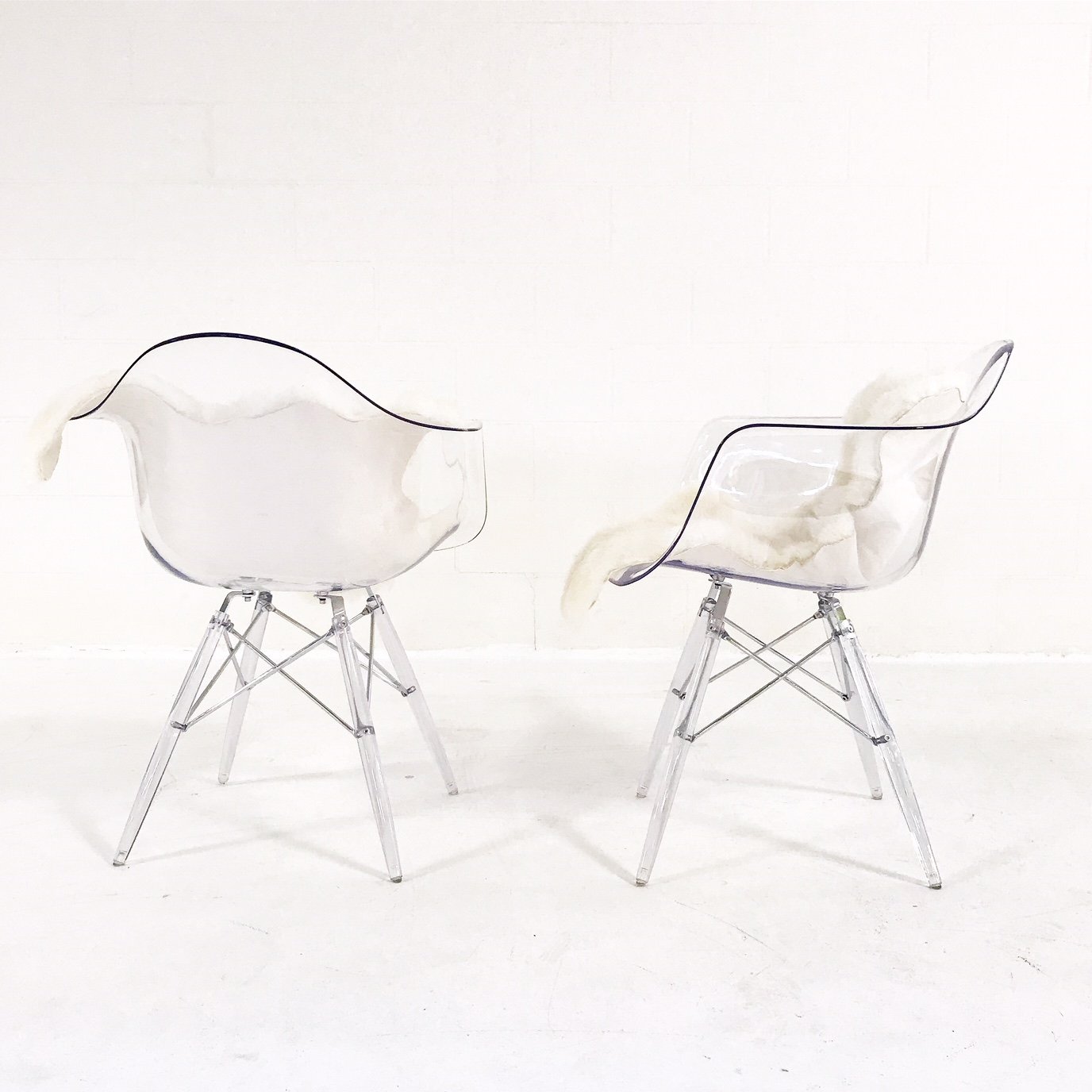 Mid-Century Style Lucite Chairs with Ivory Brazilian Sheepskin Throws