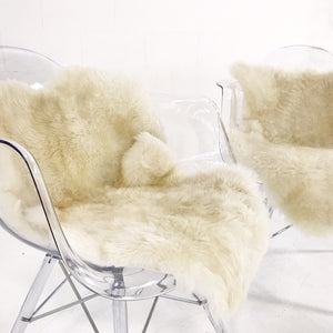 Mid-Century Style Lucite Chairs with Ivory Brazilian Sheepskin Throws