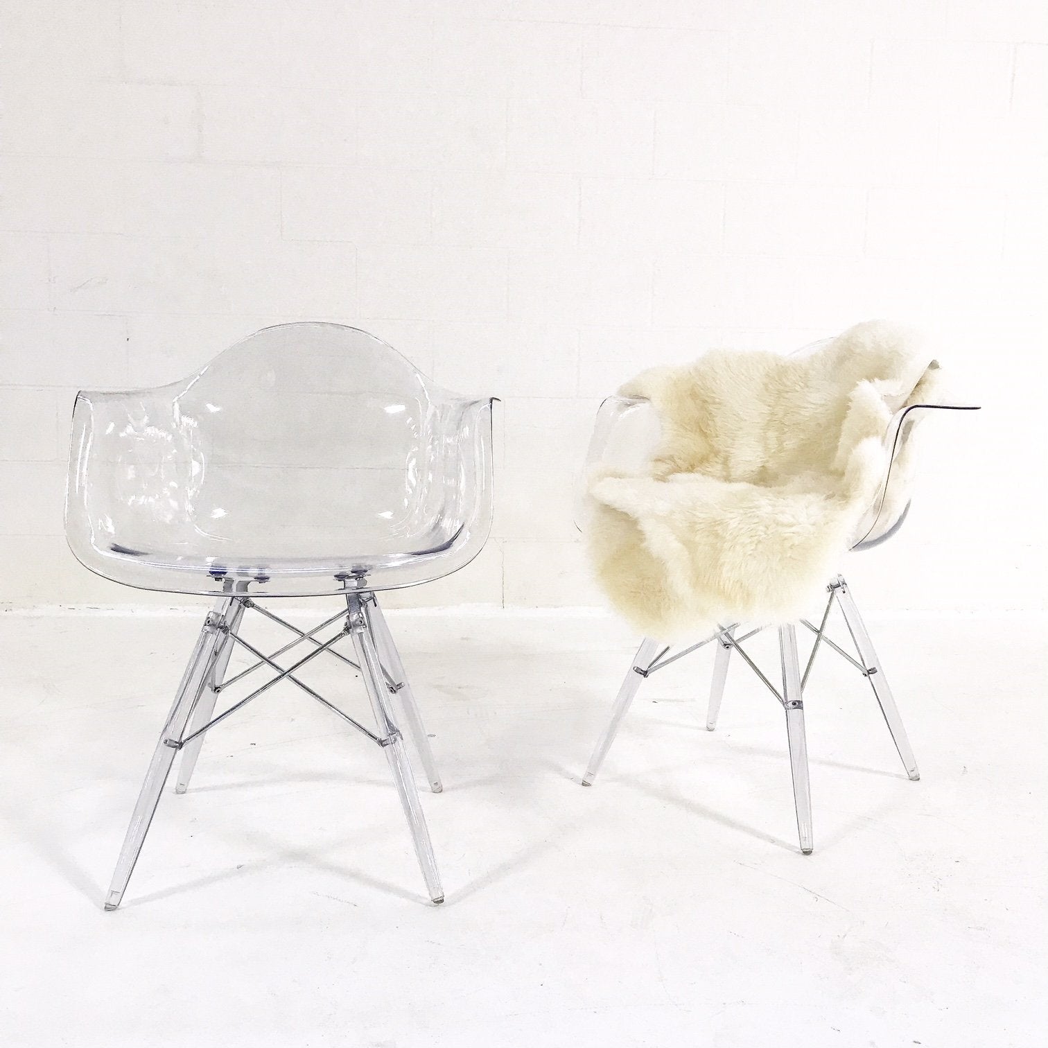 Mid-Century Style Lucite Chairs with Ivory Brazilian Sheepskin Throws