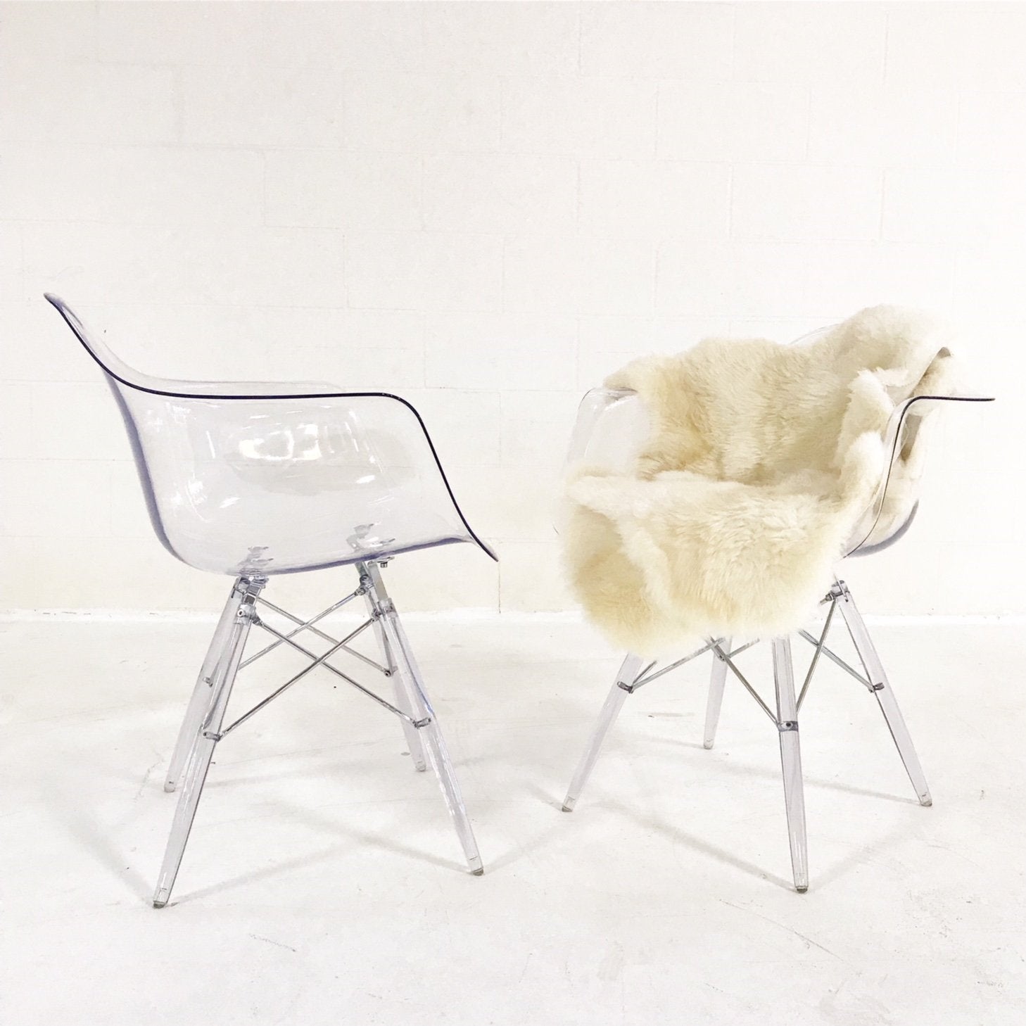 Mid-Century Style Lucite Chairs with Ivory Brazilian Sheepskin Throws