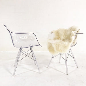 Mid-Century Style Lucite Chairs with Ivory Brazilian Sheepskin Throws