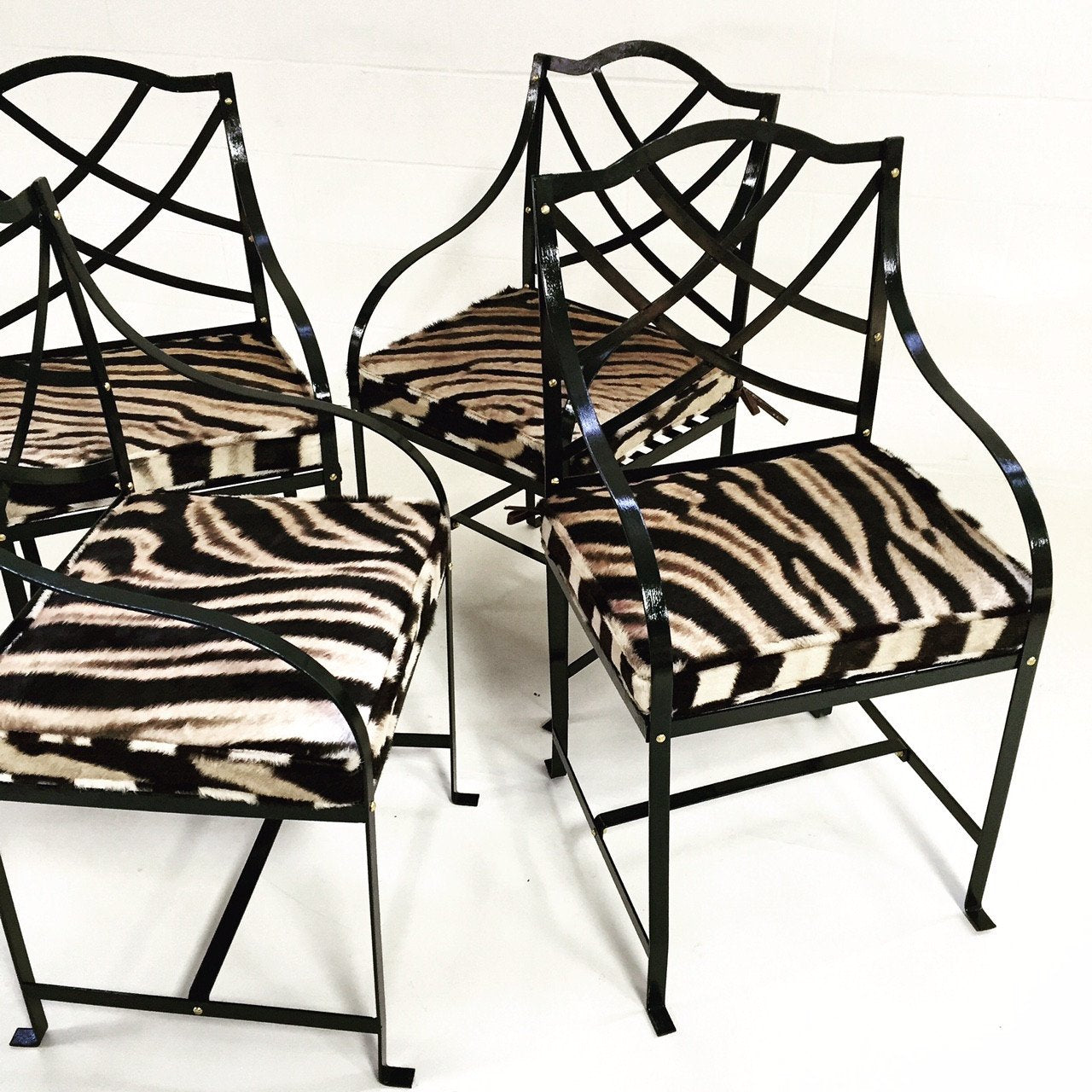 Iron Garden Dining Chairs Painted Farrow & Ball Blue Black with Zebra Hide Cushions - Set of 4