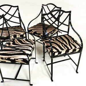 Iron Garden Dining Chairs Painted Farrow & Ball Blue Black with Zebra Hide Cushions - Set of 4
