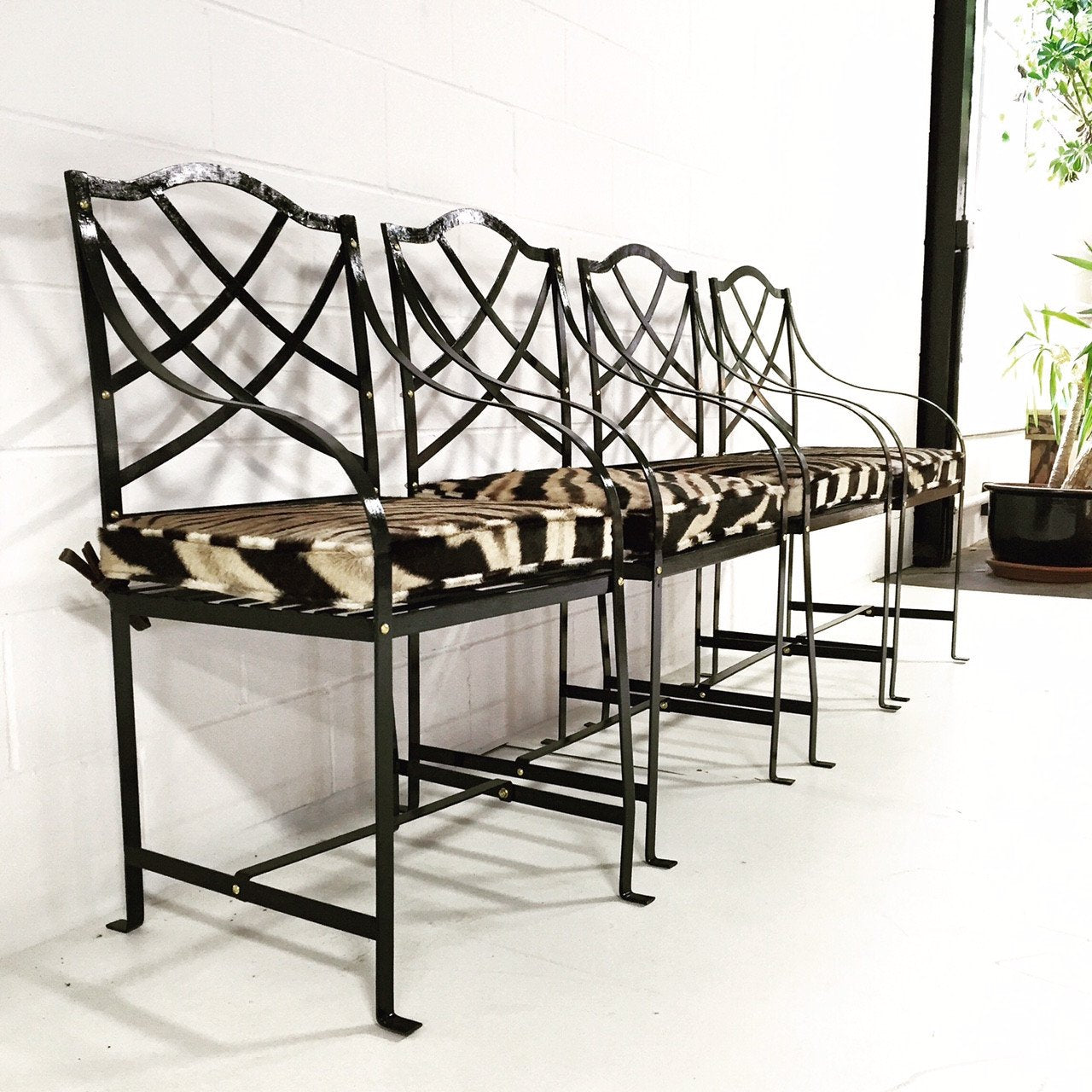 Iron Garden Dining Chairs Painted Farrow & Ball Blue Black with Zebra Hide Cushions - Set of 4