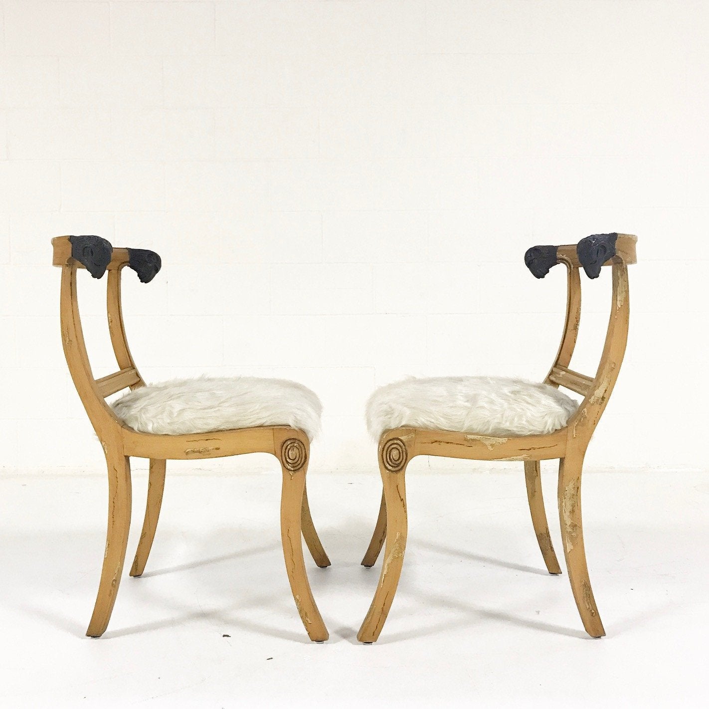 Pair of French Side Chairs with Ram Heads in Ivory Cowhide