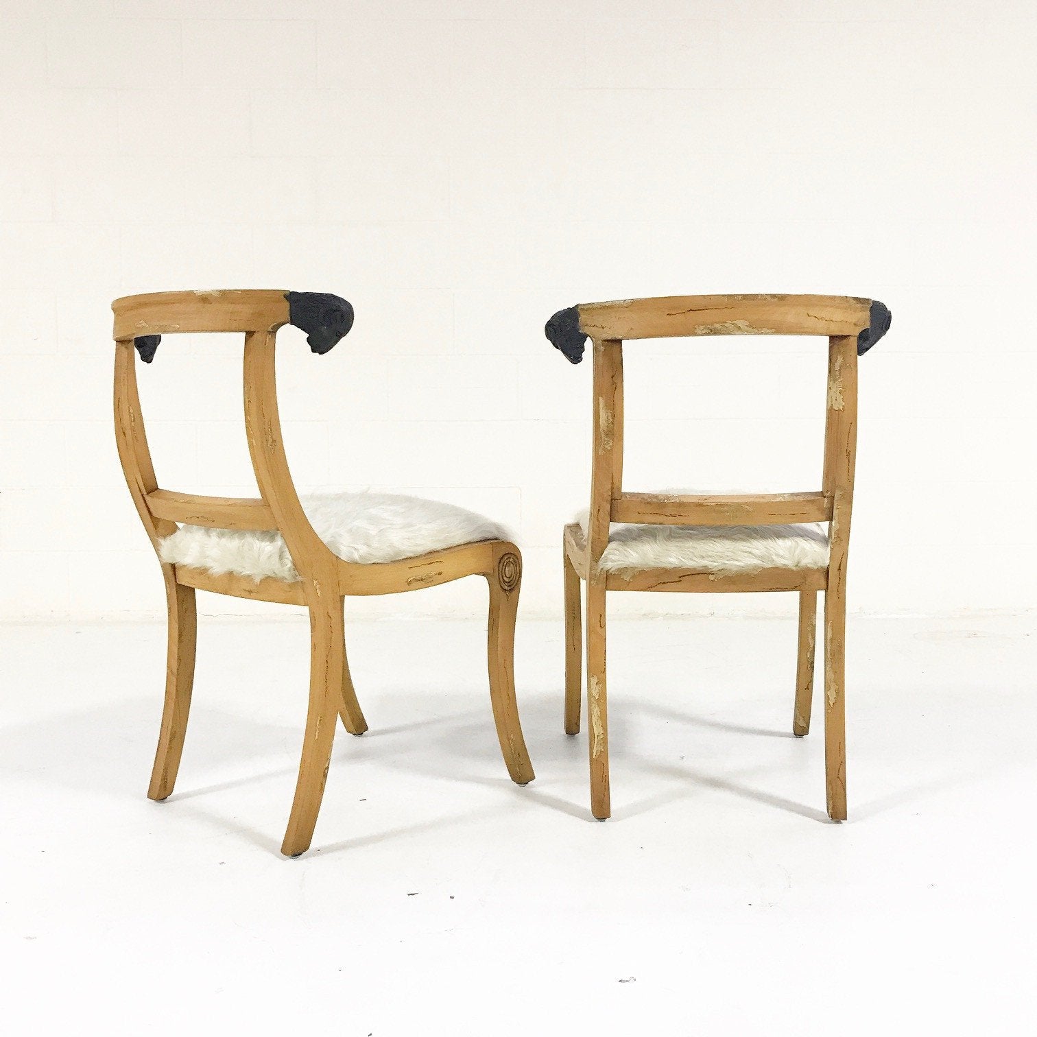 Pair of French Side Chairs with Ram Heads in Ivory Cowhide