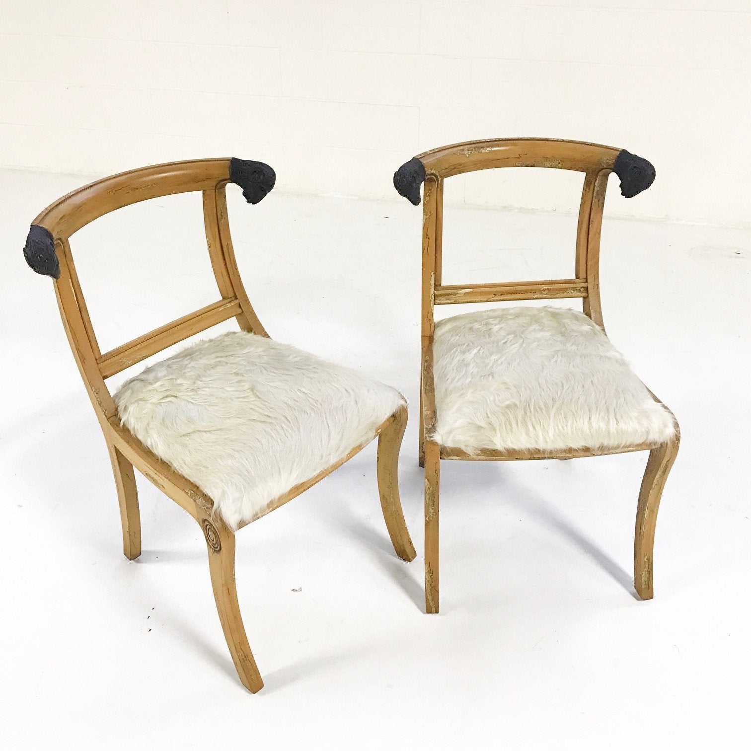 Pair of French Side Chairs with Ram Heads in Ivory Cowhide