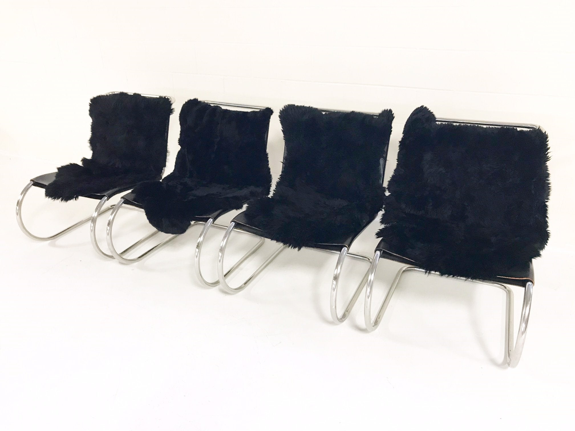 Ludwig Mies Van Der Rohe for Knoll MR Chairs with Brazilian Sheepskins - Set of 4