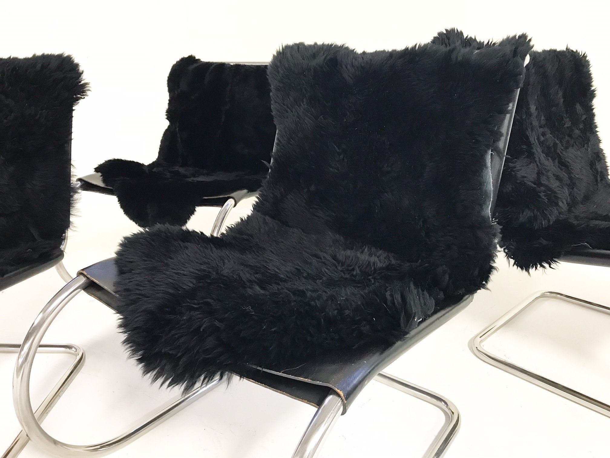 Ludwig Mies Van Der Rohe for Knoll MR Chairs with Brazilian Sheepskins - Set of 4