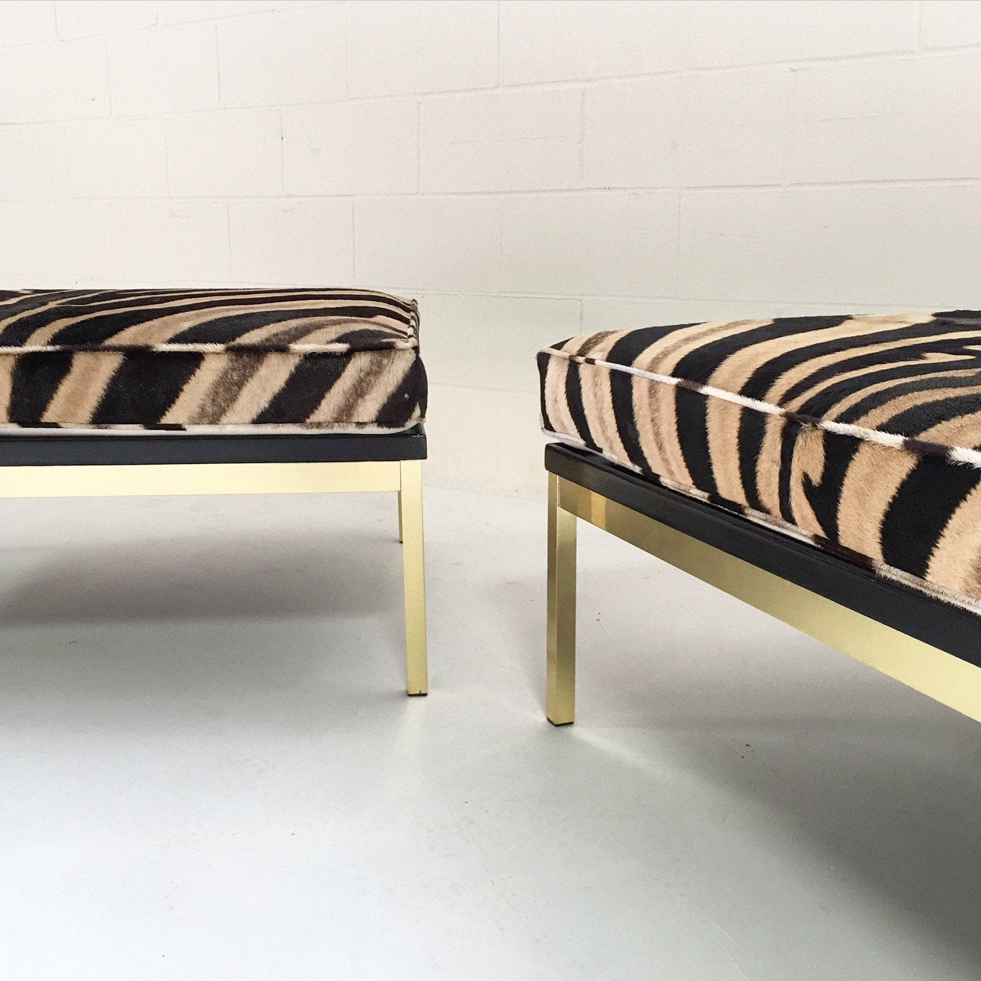 Knoll Style Zebra Hide and Brass Ottomans - Set of Two