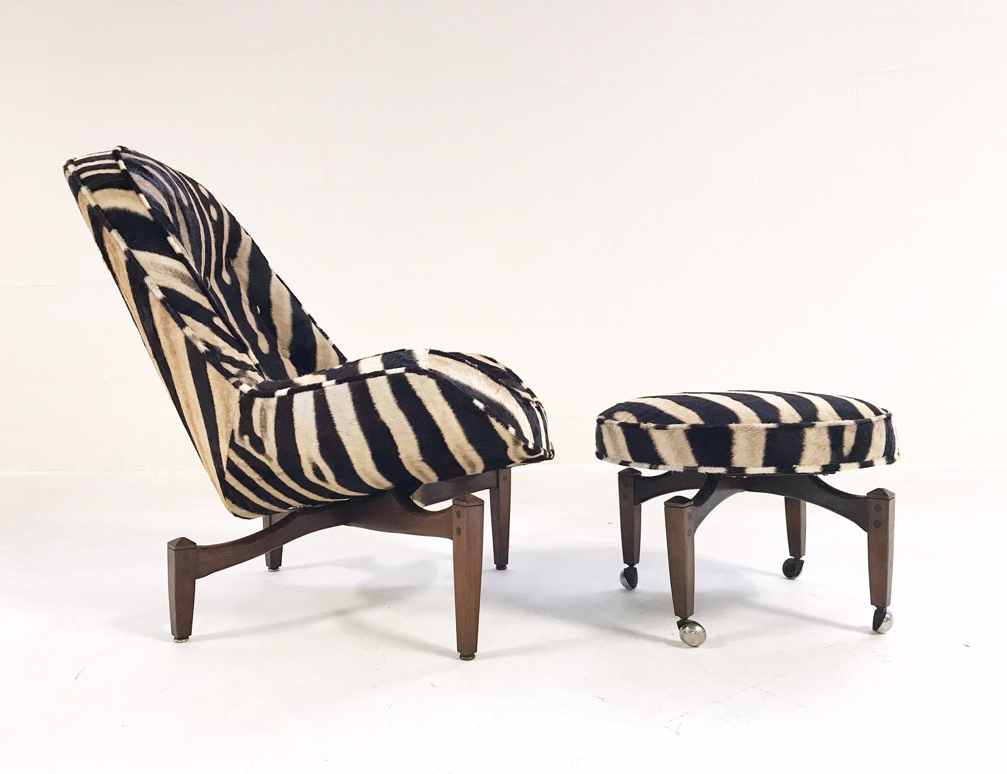 Mid-Century Lounge Chair with Ottoman Restored  and Reupholstered in Zebra Hide