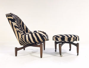Mid-Century Lounge Chair with Ottoman Restored  and Reupholstered in Zebra Hide