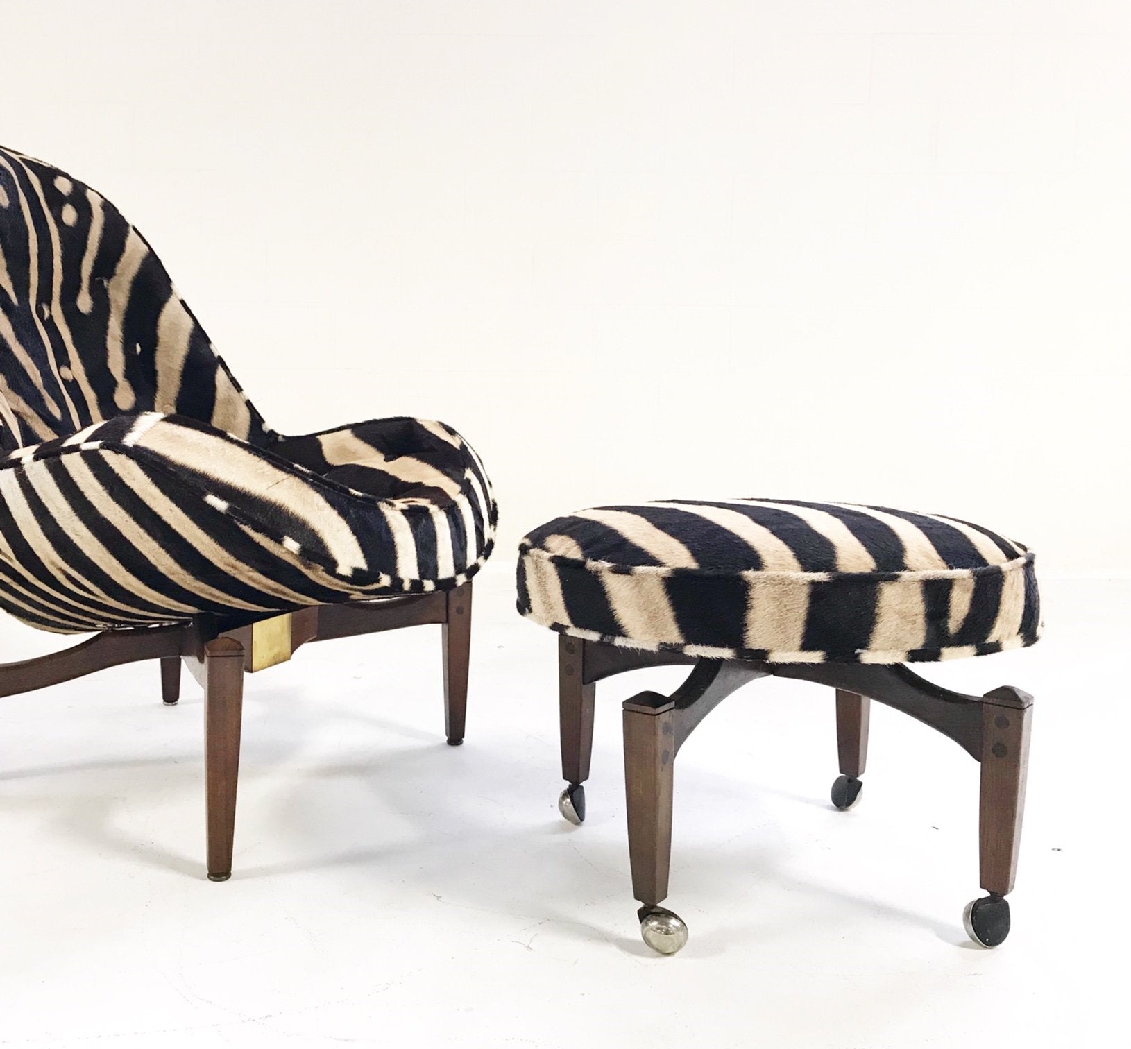 Mid-Century Lounge Chair with Ottoman Restored  and Reupholstered in Zebra Hide