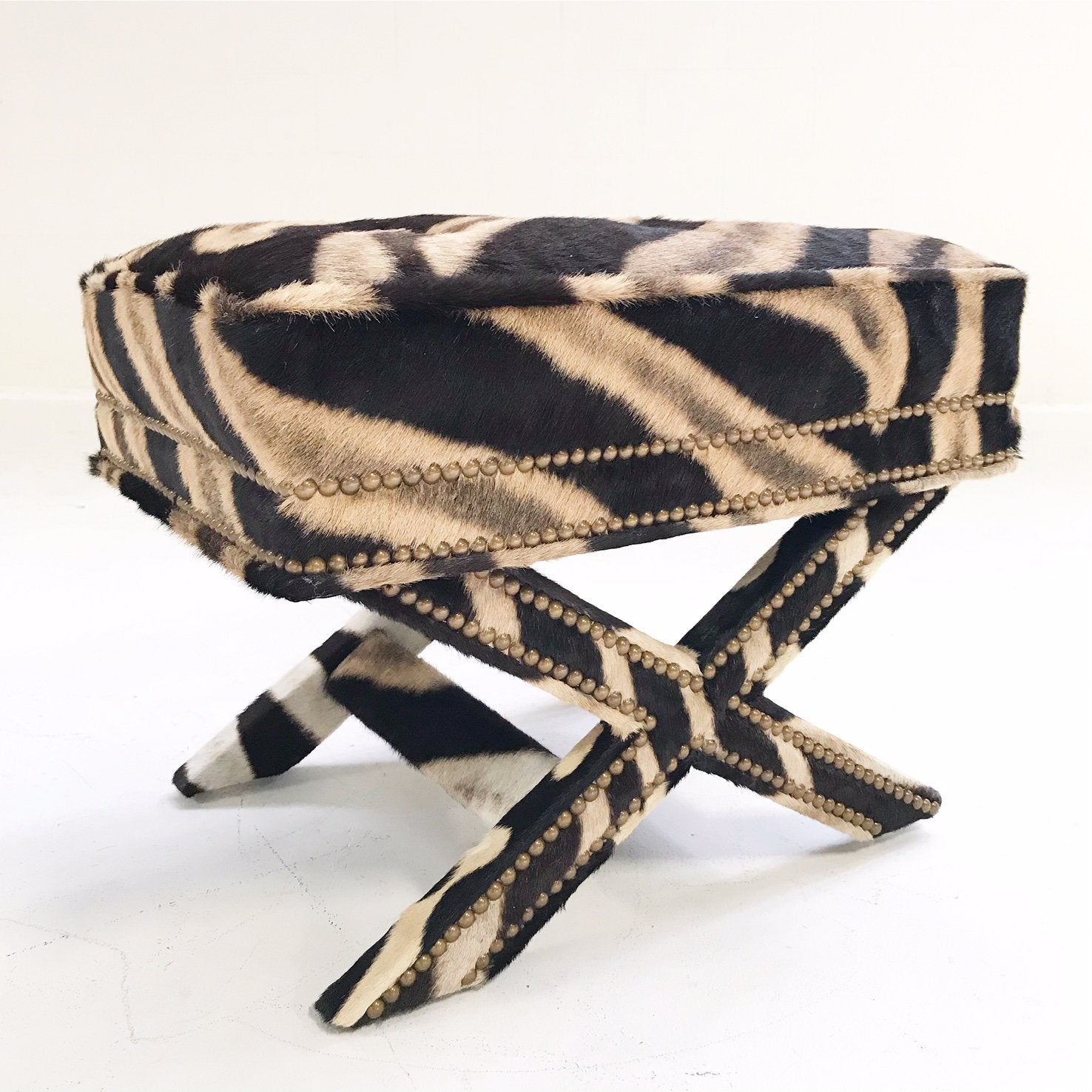 Billy Baldwin Style X Bench Ottoman Reupholstered in Zebra Hide