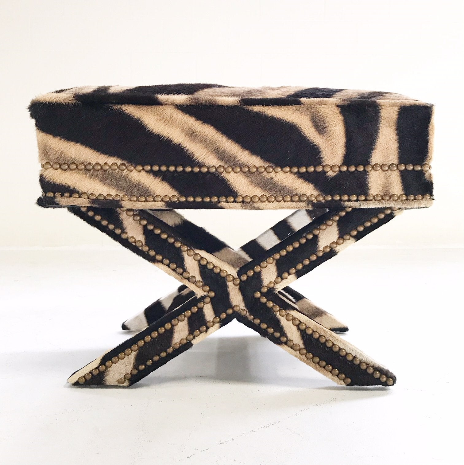 Billy Baldwin Style X Bench Ottoman Reupholstered in Zebra Hide