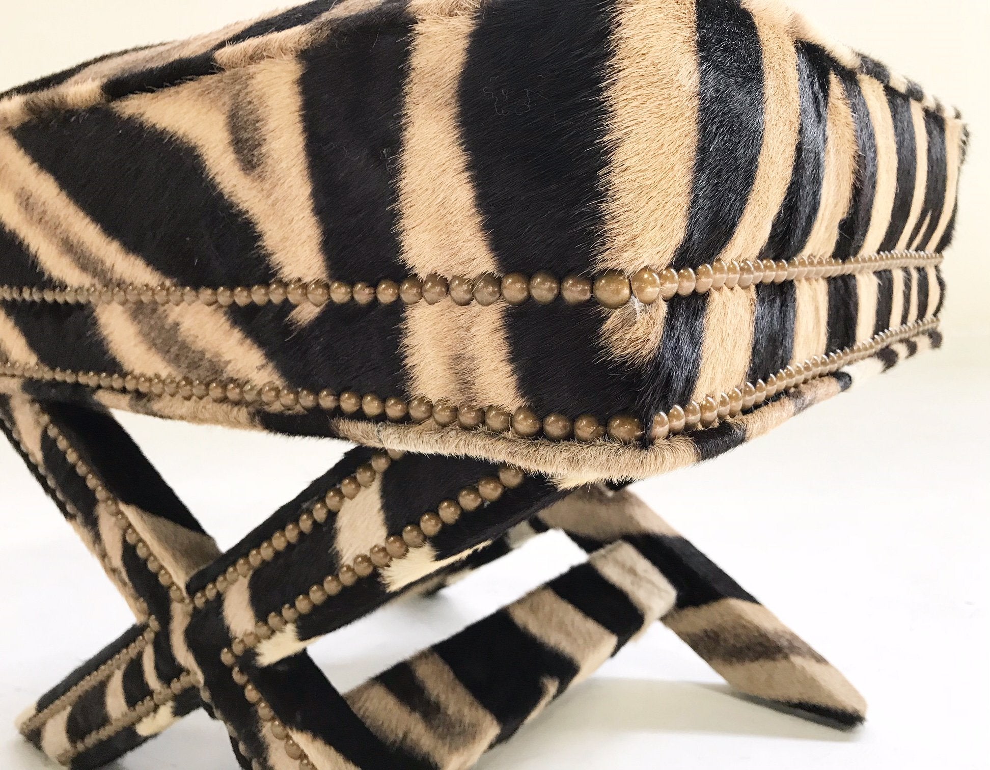 Billy Baldwin Style X Bench Ottoman Reupholstered in Zebra Hide