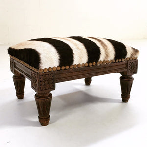 Carved Wood Foot Stool in Zebra Hide