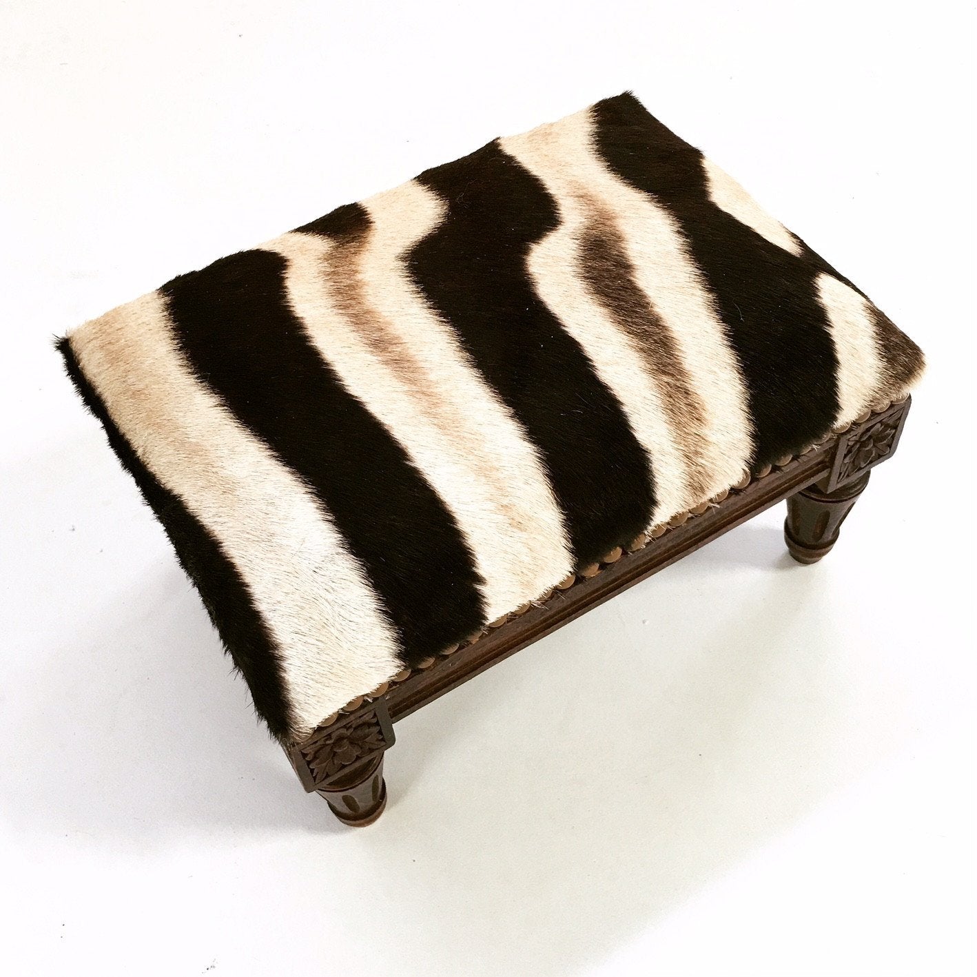 Carved Wood Foot Stool in Zebra Hide