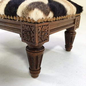 Carved Wood Foot Stool in Zebra Hide