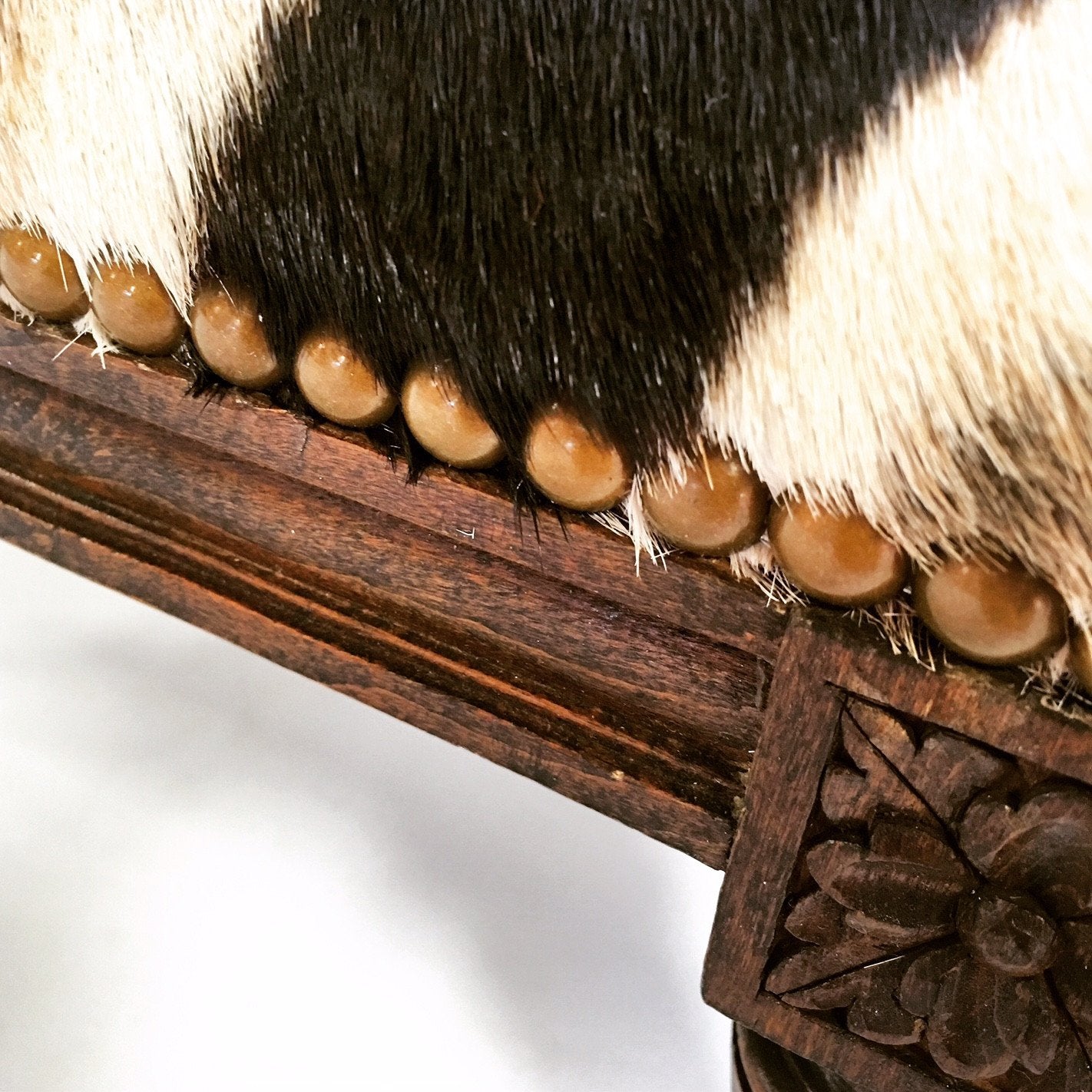 Carved Wood Foot Stool in Zebra Hide