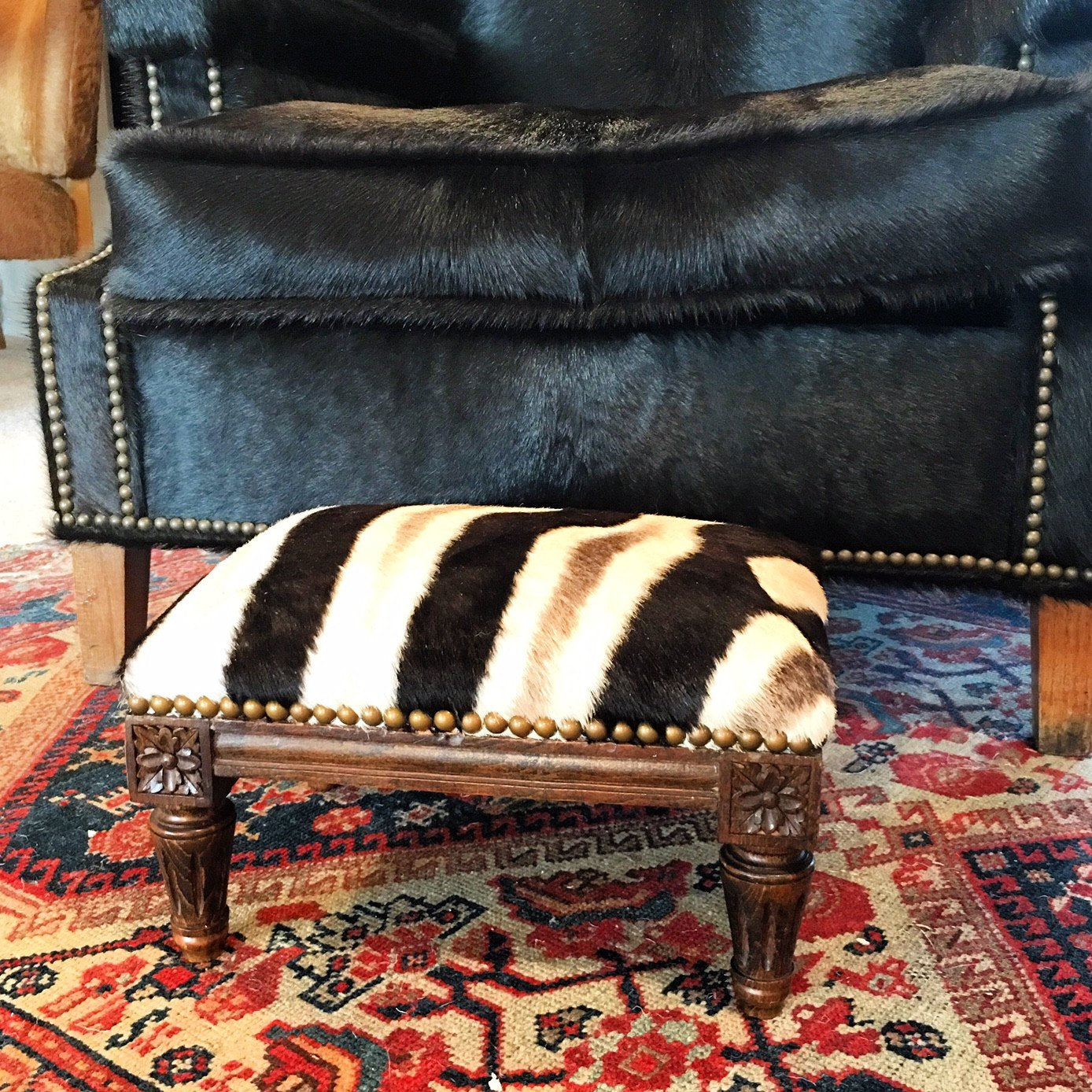 Carved Wood Foot Stool in Zebra Hide