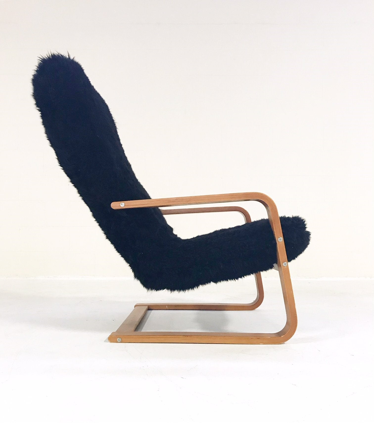 Mid-Century Lounge Chair in Black Brazilian Sheepskin