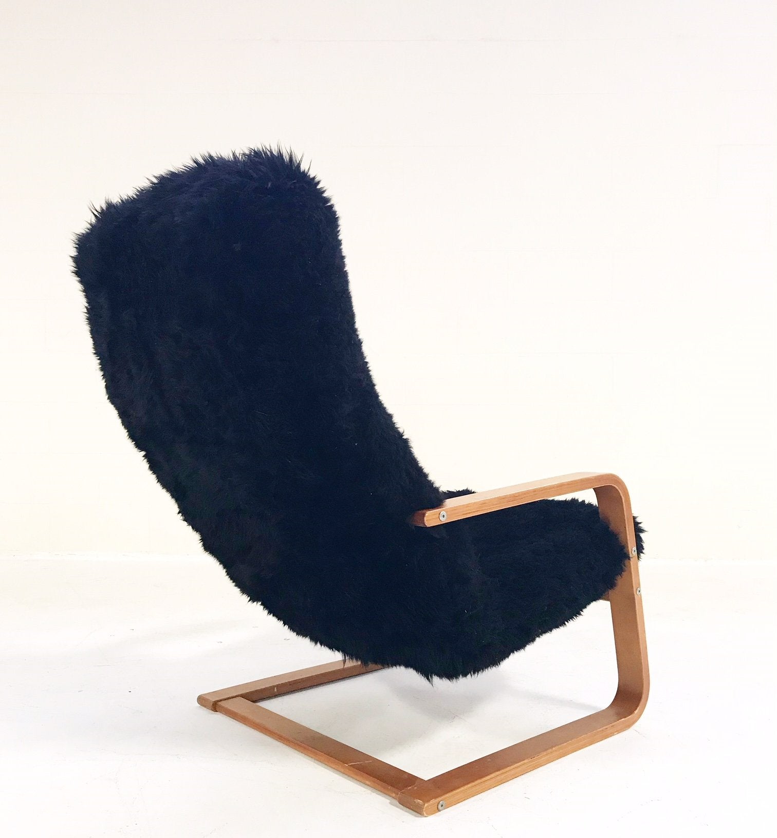 Mid-Century Lounge Chair in Black Brazilian Sheepskin
