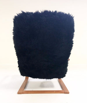 Mid-Century Lounge Chair in Black Brazilian Sheepskin