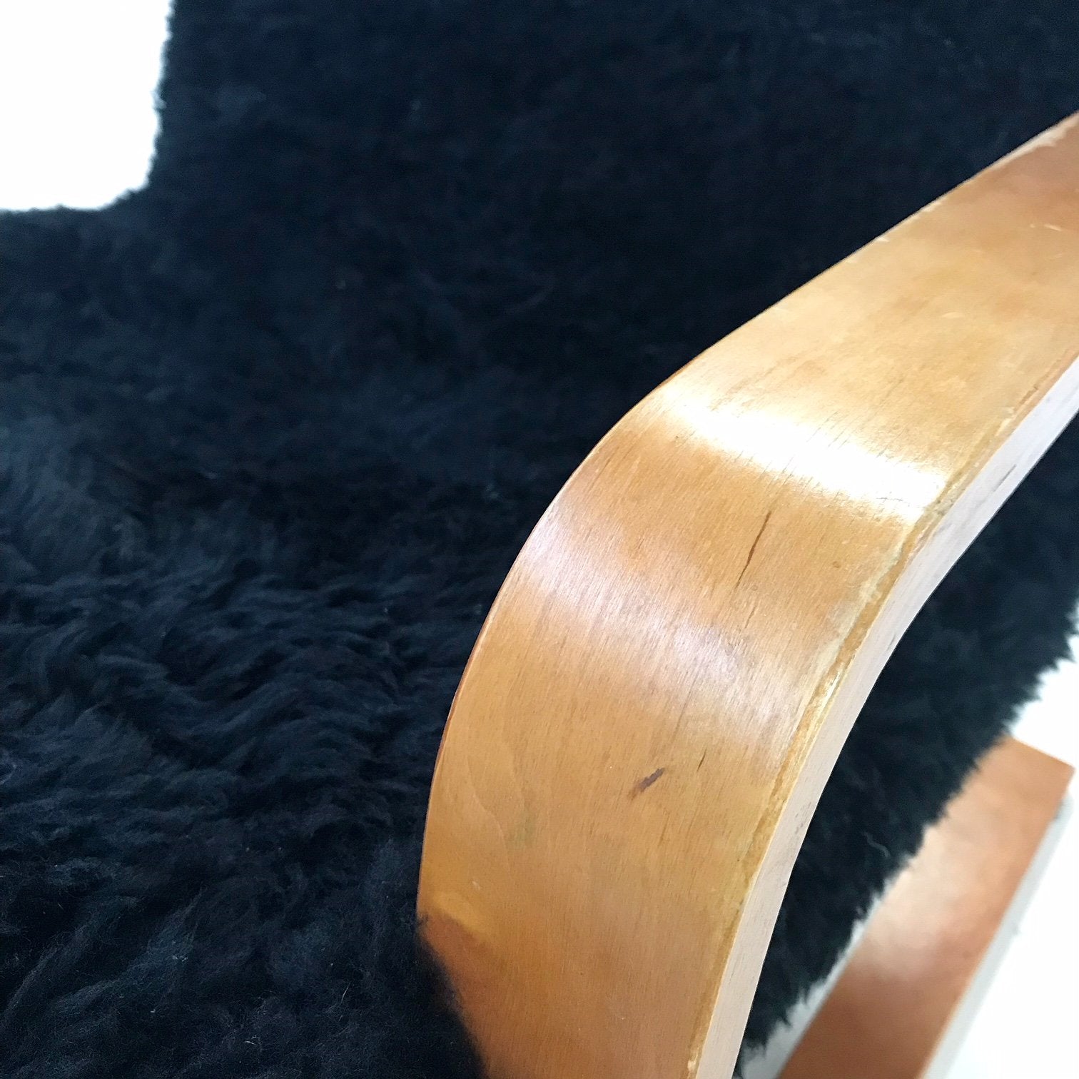 Mid-Century Lounge Chair in Black Brazilian Sheepskin